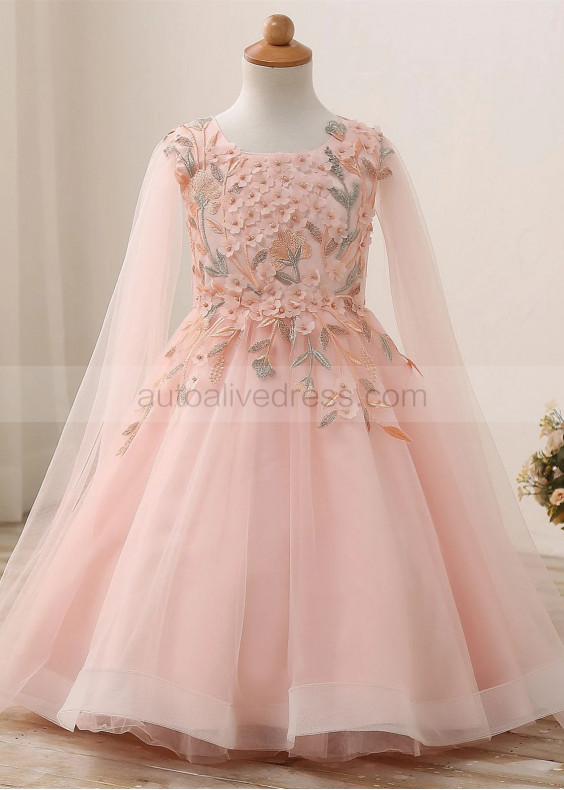 Pearl Beaded Blush Pink Embroidery Lace Tulle Flower Girl Dress